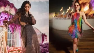 Radhika Merchant rainbow dress and Isha Ambani sheer gown