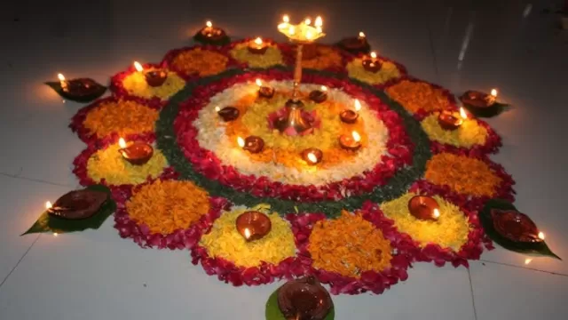 Diya and Flower Petal Rangoli Design