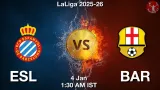 ESL vs BAR Match Preview & Latest Updates - <small>Sun, 04 Jan 01:30 AM IST</small>