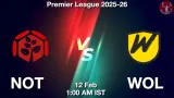 NOT vs WOL Dream11 Prediction, Preview & Updates - <small>Thu, 12 Feb 01:00 AM IST</small>