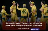 Australia won 22 matches either by 100 Plus runs or by more than 4 wickets