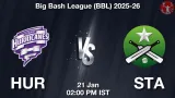 HUR vs STA BBL 2025-26, Pitch Report, Head to Head, Playing 11, AI Prediction