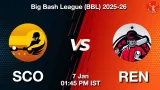 SCO vs REN  BBL 2025-26, Pitch Report, Head to Head, Playing 11, AI Prediction