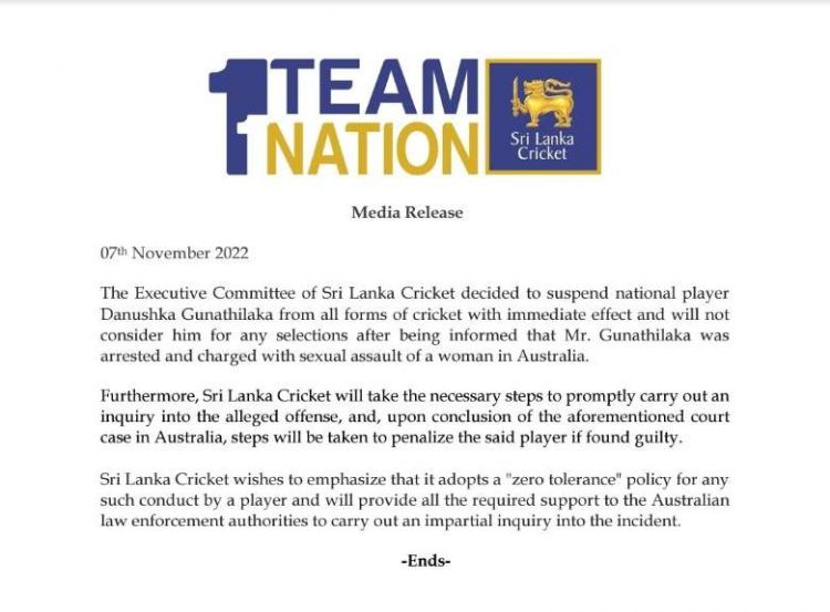 sri lanka suspends danushka from all forms of cricket after rape case 1